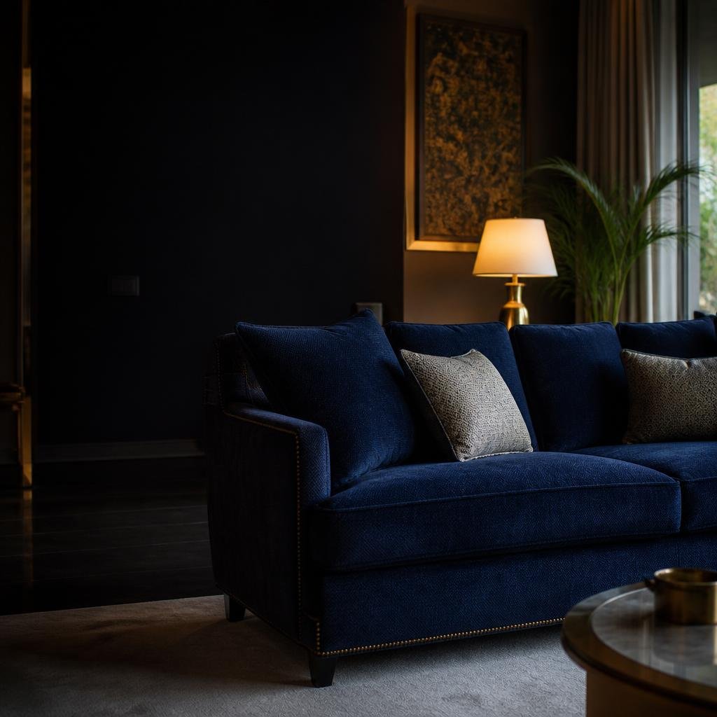 Deep navy sofa in a warmly lit living room