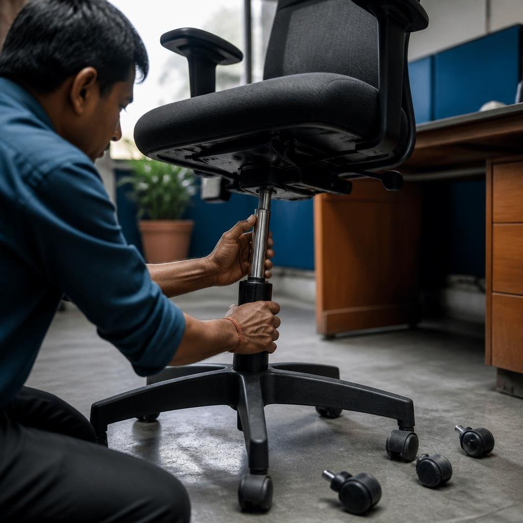Technician replacing the gas lift and caster wheels of a charcoal office chair