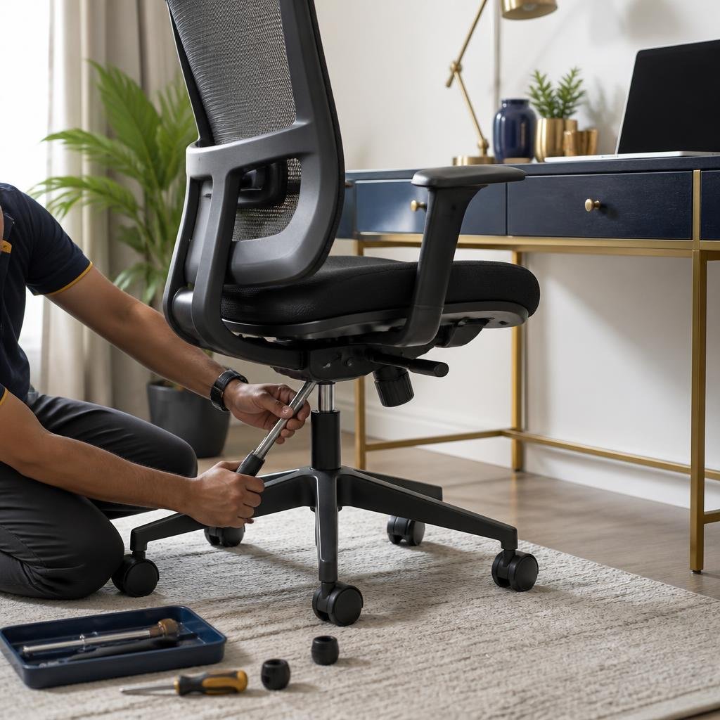 Illustrative office chair assembly image, not a Nirankari customer installation