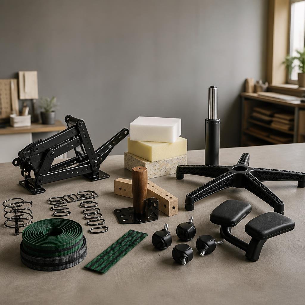 Illustrative arrangement of sofa and office-chair replacement parts, not a photo of current stock