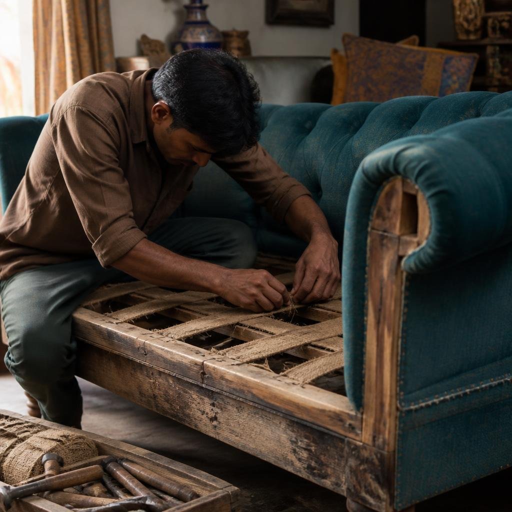 Furniture restorer repairing the wooden frame and seat webbing beneath a teal sofa