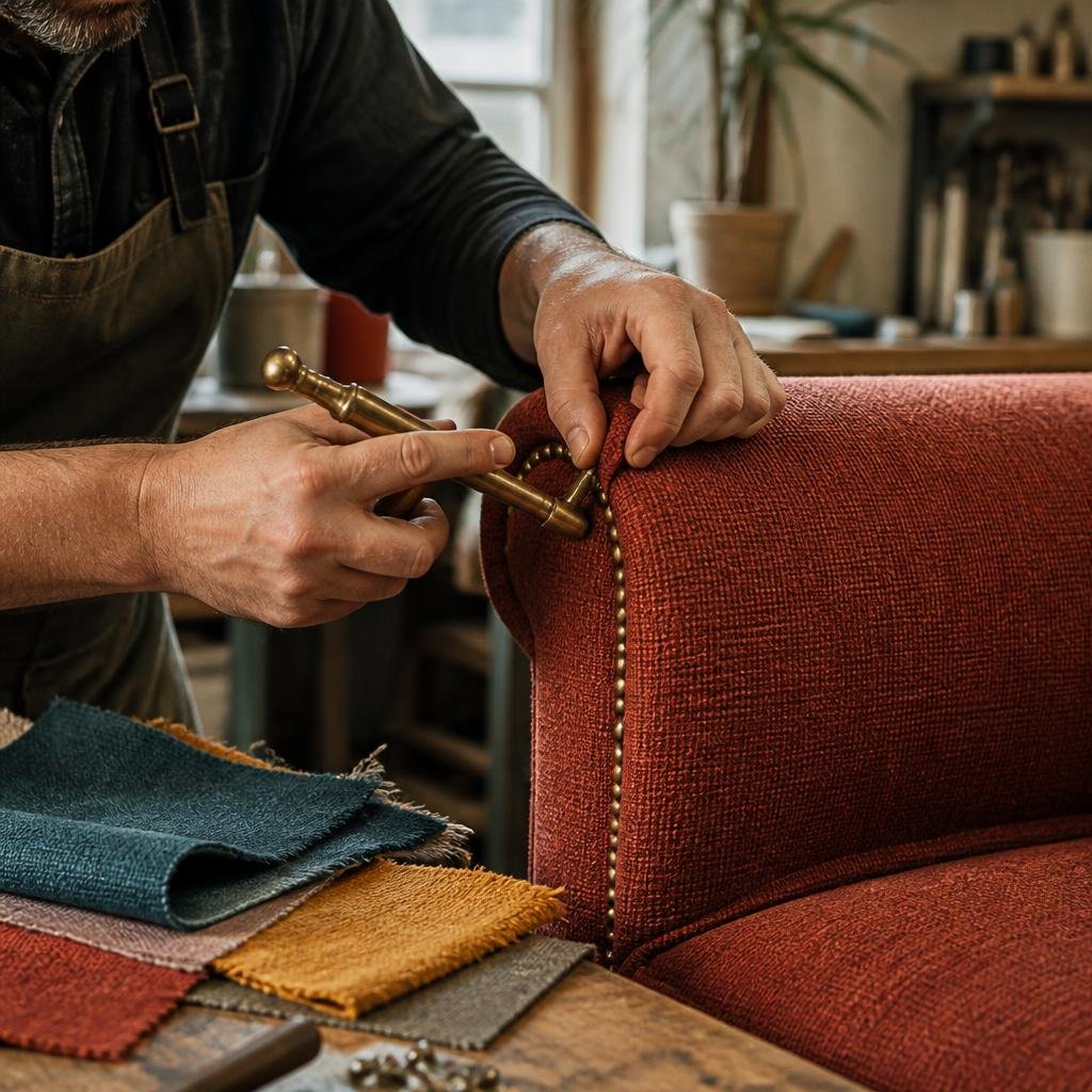 Upholstery artisan fitting rust-coloured fabric around the arm of a sofa